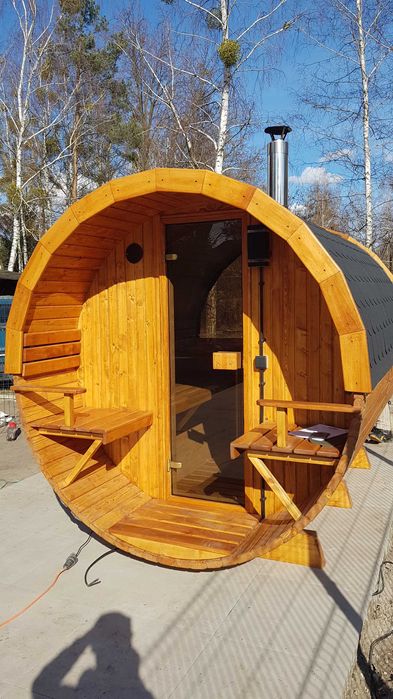 Sauna ogrodowa drewniana z tarasem beczka piec drewno 2,5m szyba 50%