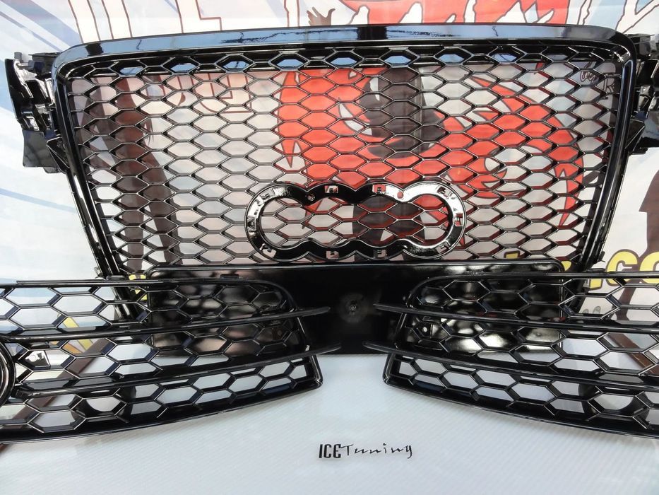 Grelha frontal + grelhas faróis nevoeiro para Audi A4 B8 08-11 com para-choques Sline RS LOOK preto brilhante com suporte para símbolo