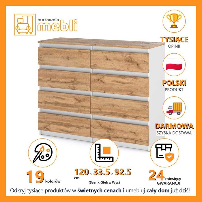 Komoda Duża Nowoczesna Hugo 120cm Szafka 8 Szuflad Do Salonu Sypialni