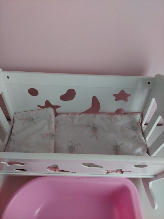 Drewniana biała kołyska łóżeczko na biegunach+ wanienka+ nocnik dla la