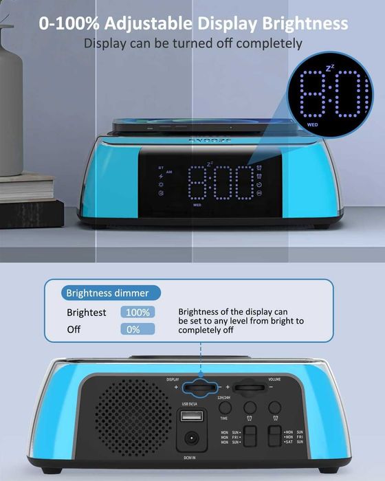 Cyfrowy budzik zegarek, ładowarka indukcyjna, głośnik Bluetooth, LED