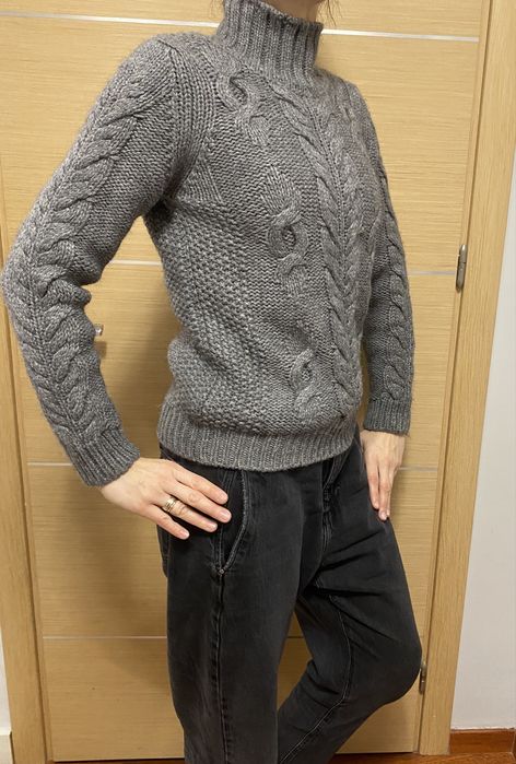 Sweter szary alpaca alpaka wełna 36/38 s/m warkoczowy splot