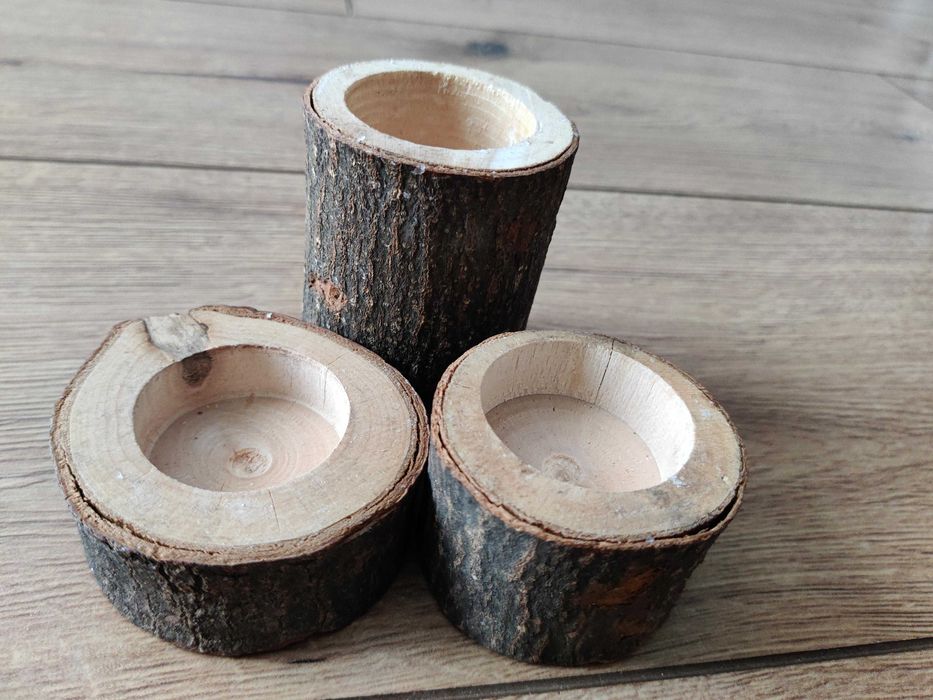 3 drewniane świeczniki tealight drewno pień