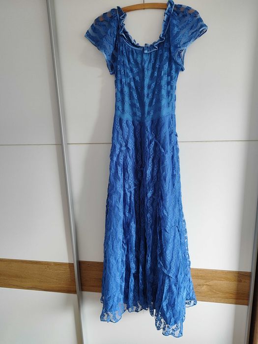 Kleemeier długa suknia kobaltowa chabrowa koronka sylwester boho r. 40