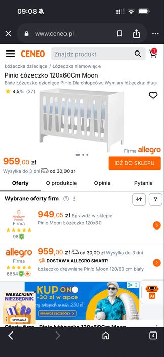 Łóżeczko dziecięce białe Moon Pinio 124x66,5 cm