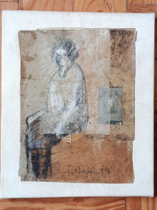 Obra original carvão e colagem sobre tela assinado