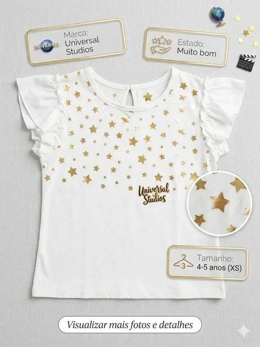 T-shirt Universal Studios Branca – Estrelas Douradas – Menina 4-5 anos (110cm)