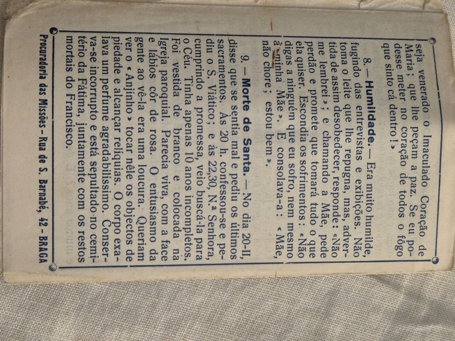 Folheto religioso antigo – Jacinta Marto (c. 1940–195