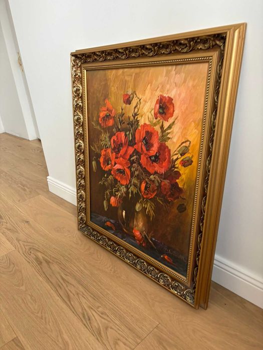 Obraz maki olejny 60x50 w ramie zdobionej
