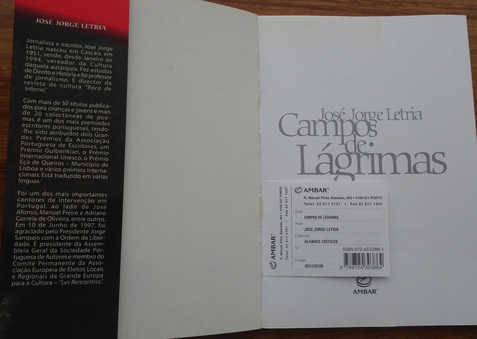 Campos de Lágrimas de José Jorge Letria - 1º Edição 2000