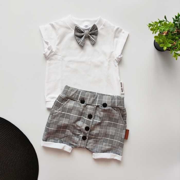 Modny SZARY GARNITUR, elegancki letni ZESTAW mucha, komplet chrzest 68