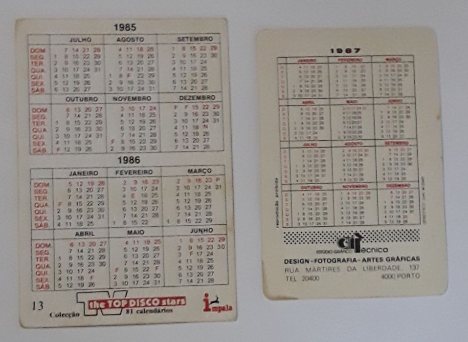 Calendários de bolso músicos / cantores, anos 80