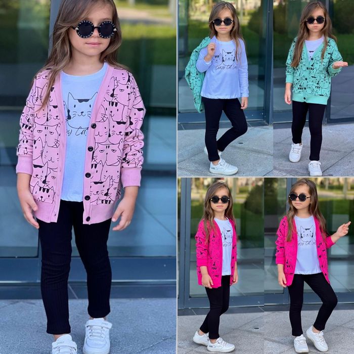 Bawełniany komplet trzyczęściowy z kotami dla dziewczynki 104-146