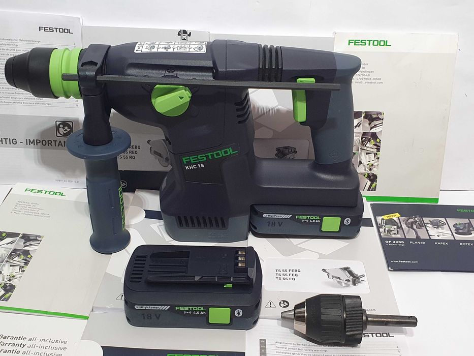 Duży zestaw młotowiertarka FESTOOL KHC 18-2szt bateria 18v 4ah-adapter