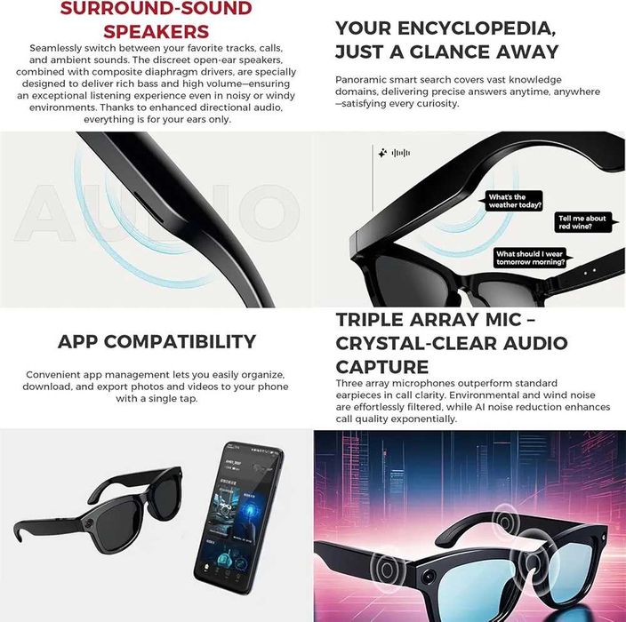 Inteligentne Okulary Al 500W  Kamera HD Tłumaczenie Sterowanie Głosowe