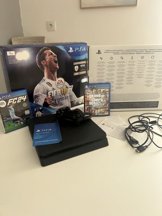 Sony PlayStation4 PS4 1TB 1000GB  Jet Black Hdr z pudelkiem orginalnym oraz grami GTA5V FC24 oraz kontrolerem padem orginalnym DualShock4 black