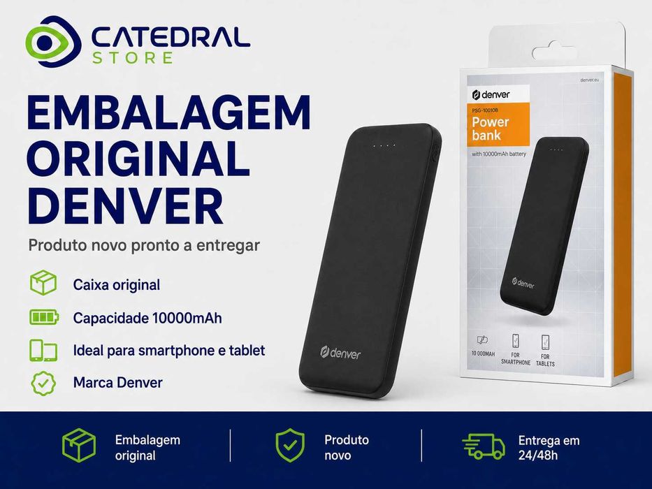 Powerbank Denver 10000mAh Preta – USB-A / USB-C – Nova