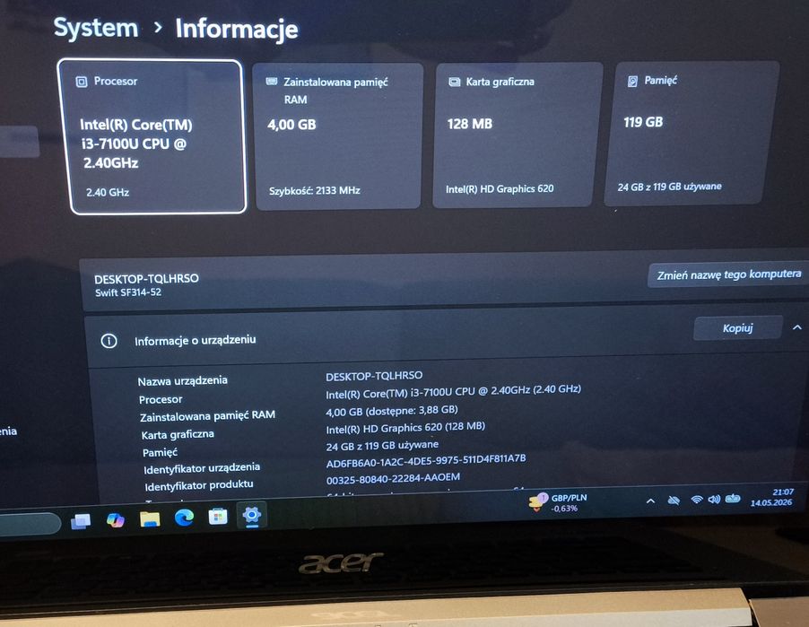 Laptop Acer Swift 3 SF314-52  14" Intel Core  i3-7100U 4GB RAM 128GB Dysk Win10