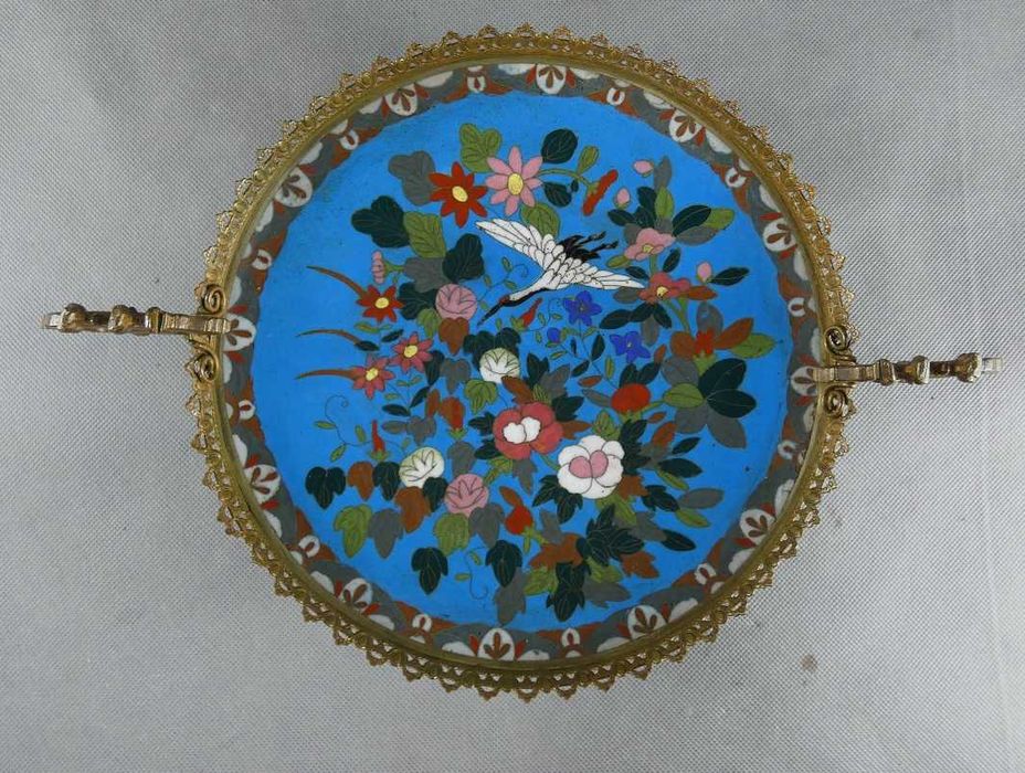 PATERA talerz emalia CLOISONNE kwiat ptak żuraw MISA taca