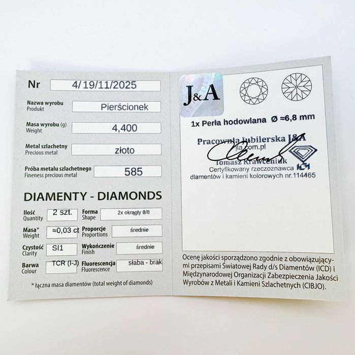 Złoty pierścionek z diamentami i perłą Próba 585 (47K) Rozmiar: 21