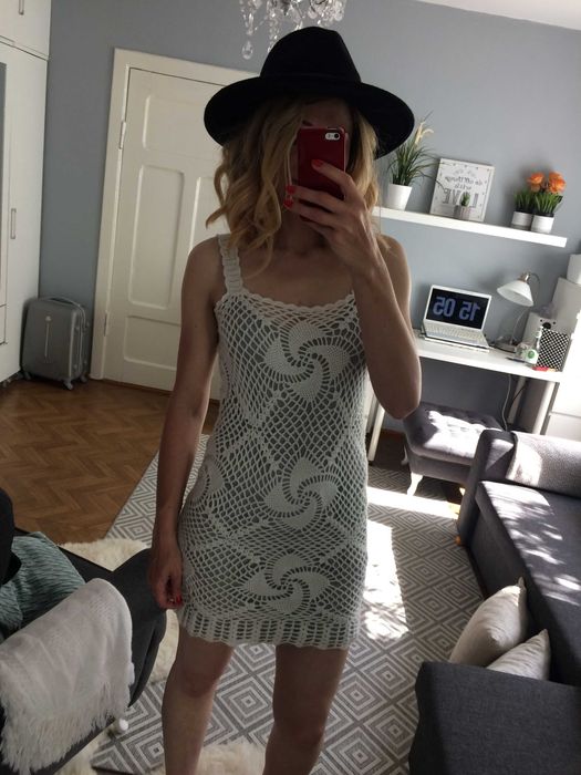 Sukienka biała krem boho hippie letnia handmade szydełko XS 34 S 36