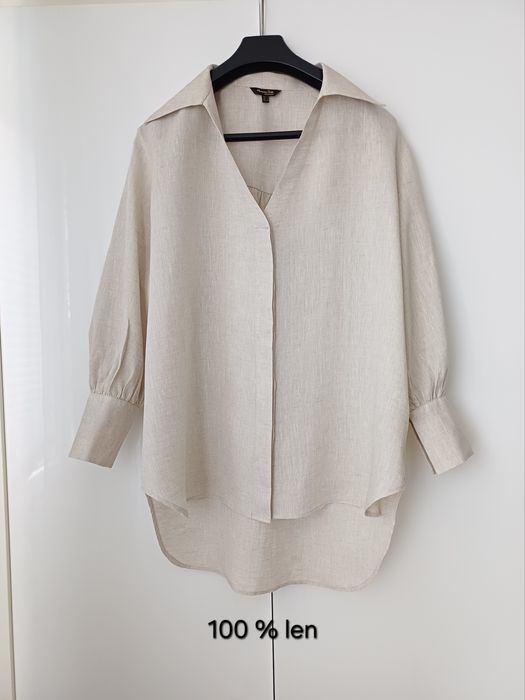 Massimo Dutti lniana koszula oversize beżowa 100% len dłuższa asymetryczna bufiaste rękawy