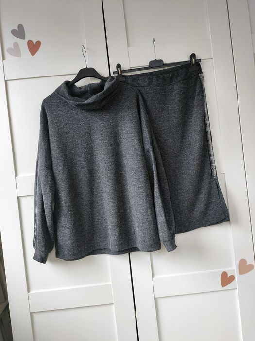 Komplet spódnica midi sweter bluza dzianina golf uni