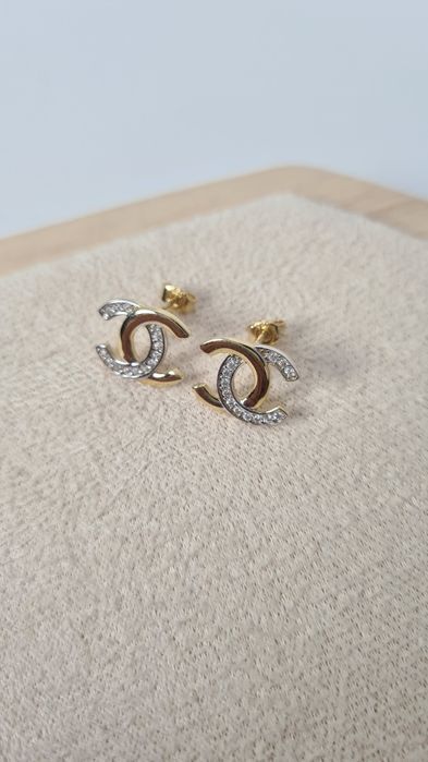 Złote kolczyki wkręty CC Channel z Białą cyrkonią