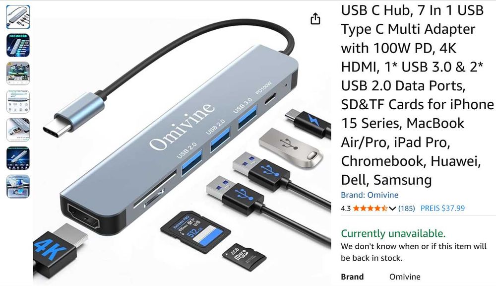 USB Type C  USB  HDMI,   USB 3.0  100W  SD  TF Omivine 7-In-1