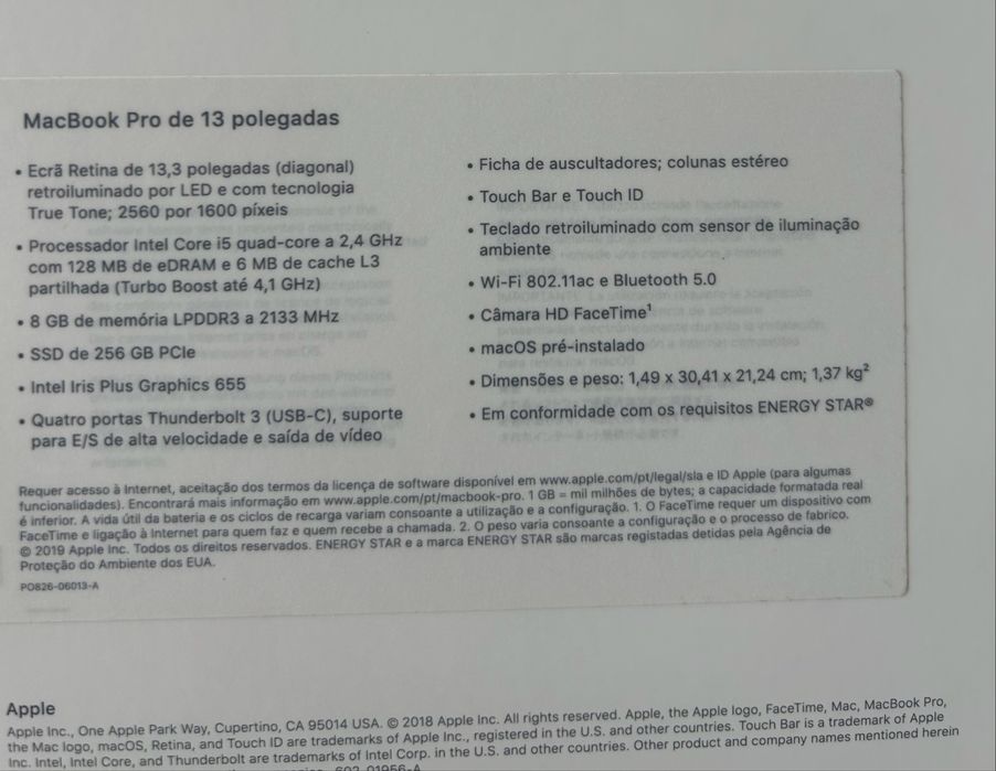 MacBook Pro 13" (modelo 2019) | Intel Core i5 Quad-Core | 8 GB RAM | SSD 256 GB