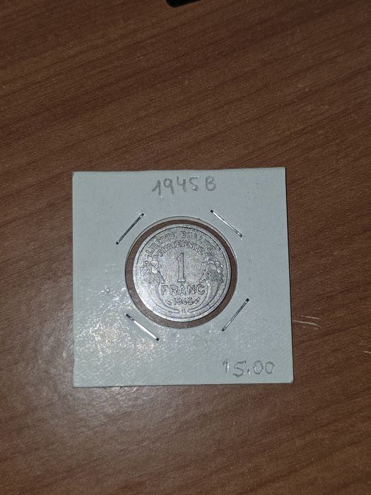 moeda francesa de 1 franco de alumínio datada de 1945