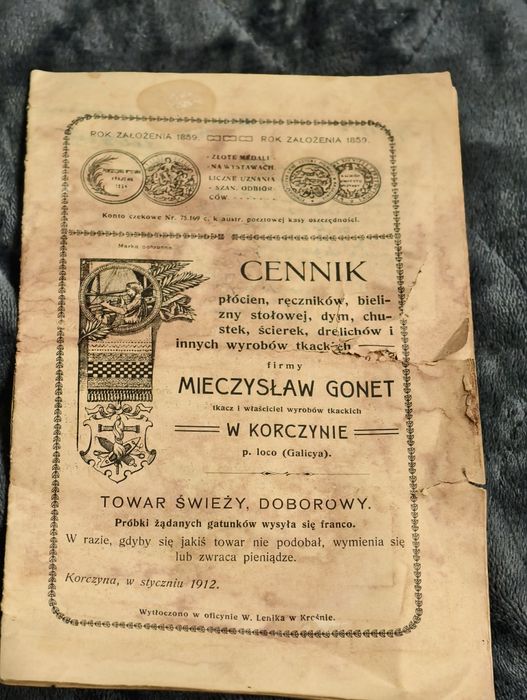 Cennik towarów tkackich z 1912