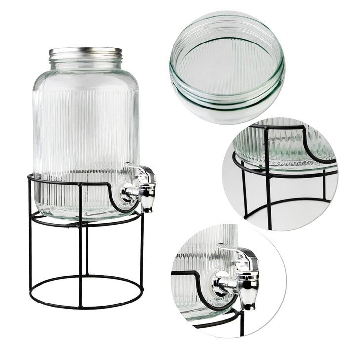 Słój szklany z kranikiem - 4 L - RYFLOWANY + stojak, na lemoniadę wodę