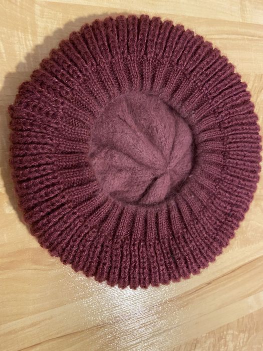 Moherowy beret ocieplany bordowy ciepły zima Vintage