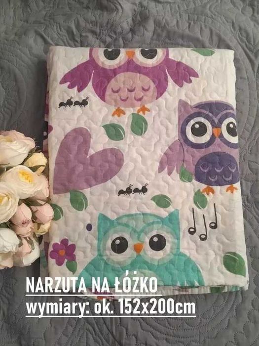 Narzuta na łóżko 152x200 dla dziewczynki w sowy serca serduszka