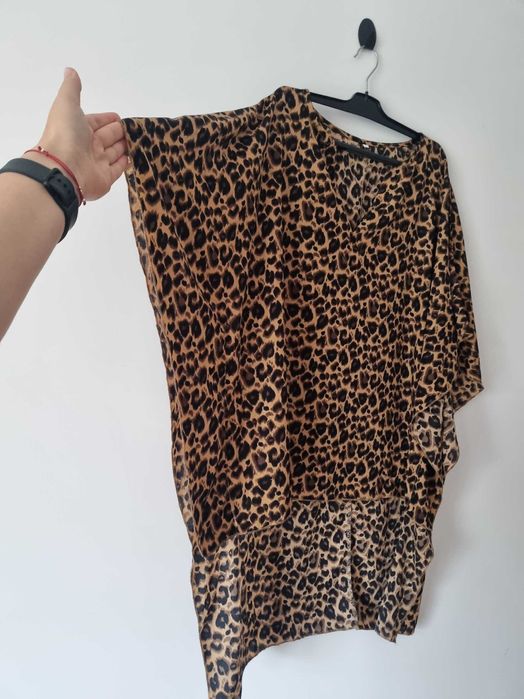 Damska długa bluzka tunika w panterkę elegancka rękawy nietoperze