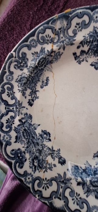 2 pratos fundos antigos Fábrica d'Alcantara fiança fina decoração azul