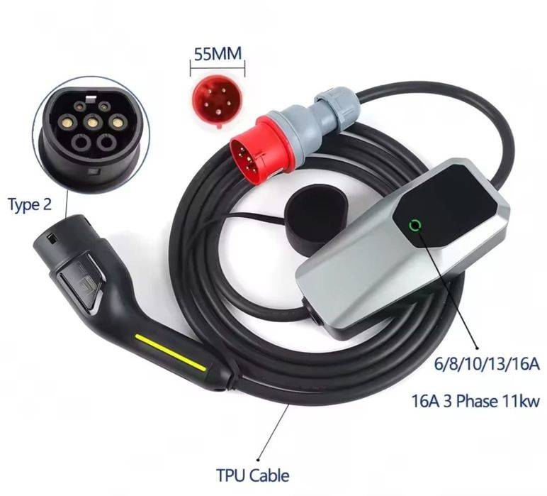 Mobilny Wallbox 11kW 5m 3-fazy type2 ładowarka ev 16A Siła