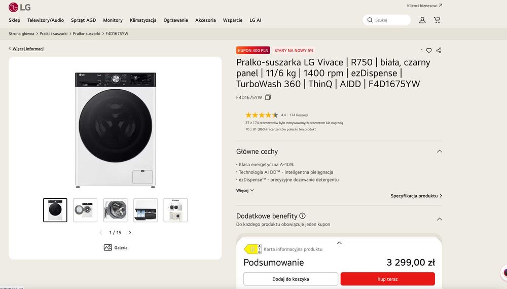 NOWA Pralko-suszarka LG Vivace | WYSOKI MODEL R750 | biała, czarny panel | 11/6 kg | 1400 rpm |  F4D1675YW