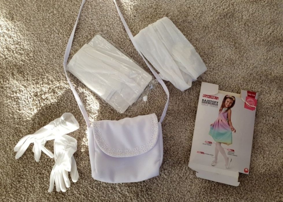 Sukienka komunijna, rękawiczki, torebka, rajstopy GRATIS