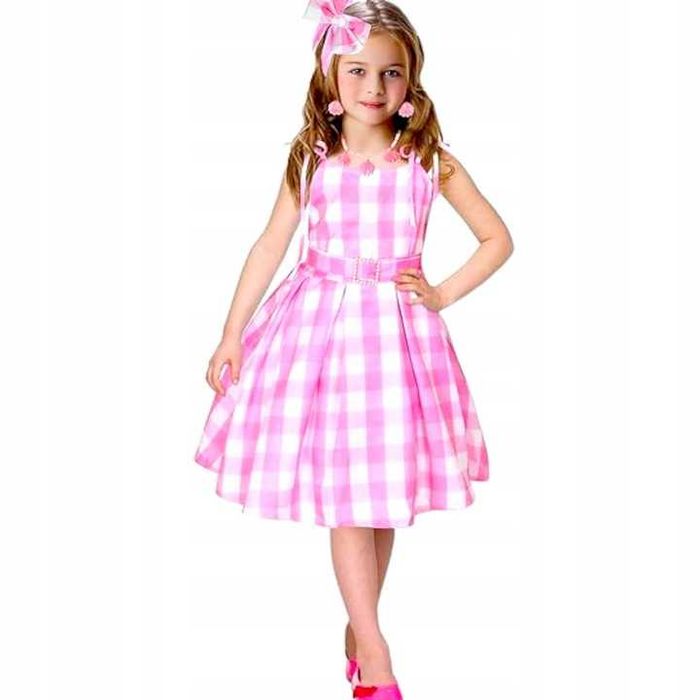 Strój sukienka na bal Barbie kokarda różowa rozm. S 110/116