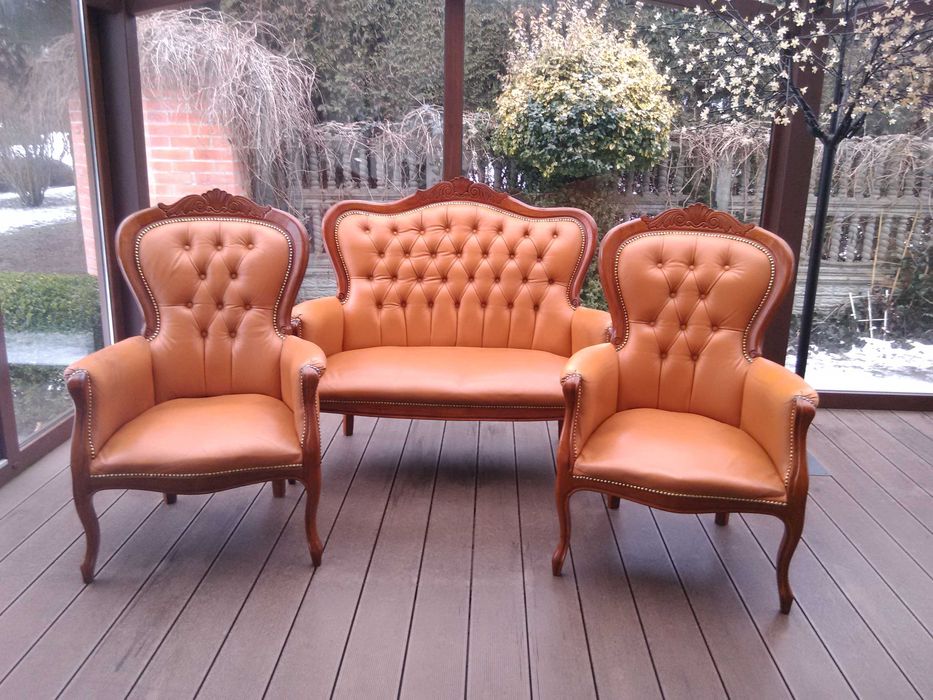 Komplet wypoczynkowy LUDWIK Rzeźbiony SKÓRA Antyk