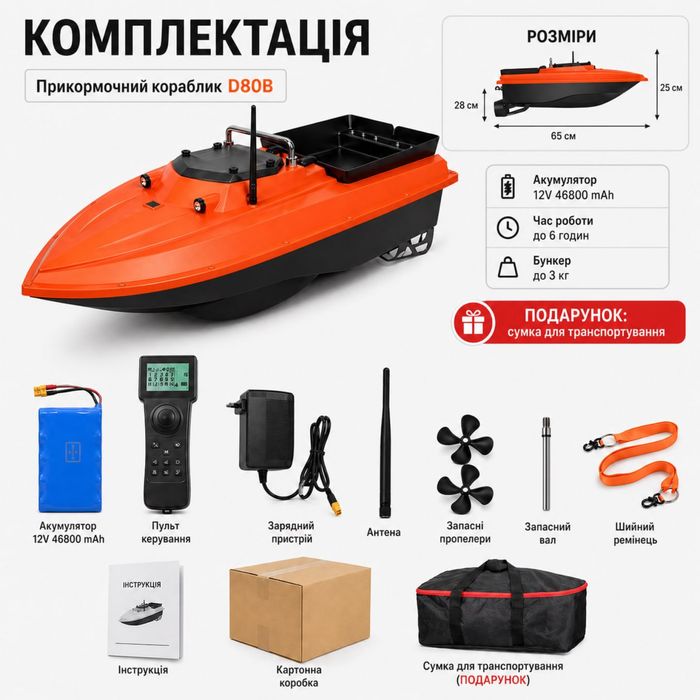 Карповый кораблик Flytec D80B GPS 12V, автопилот, 100 точек, до 20 км/ч, бункер 3 кг
