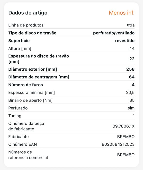 Kit Brembo 258mm discos e pastilhas ventilados e perfurados