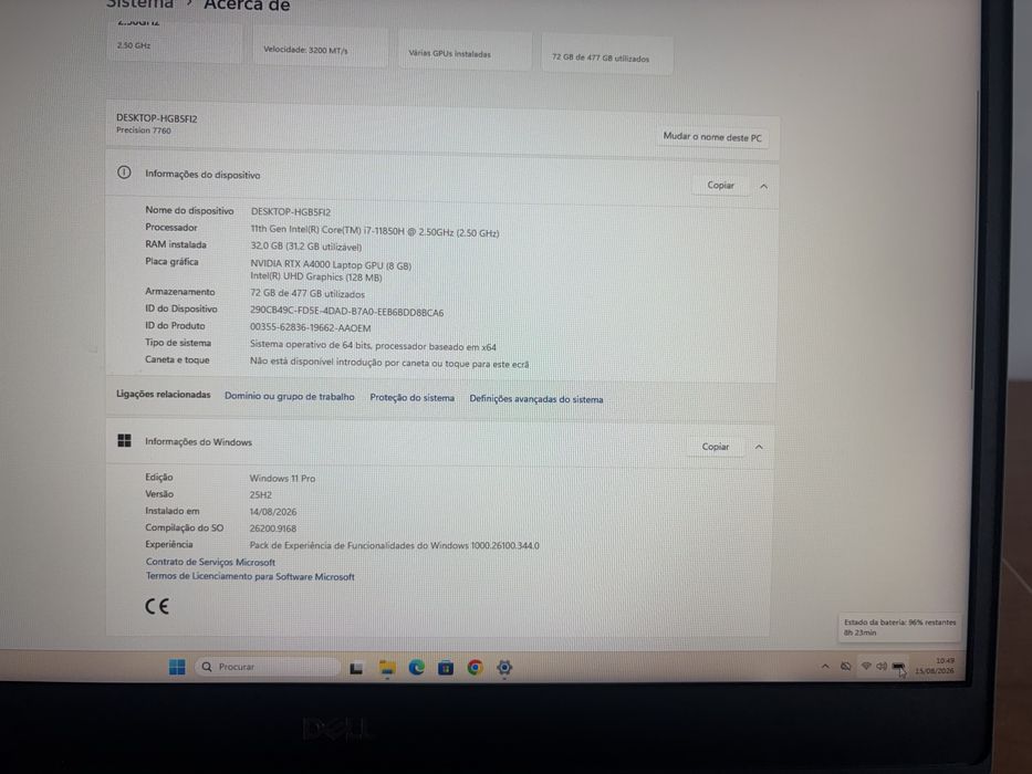 Dell Precision 7760 | i7 11ª Gen | RTX A4000 8GB | 32GB RAM | 512GB SSD | Estado Impecável (Grau A+)
