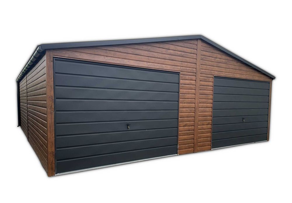 Garaż Blaszany 7x6 drewnopodobny grafit bramy uchylne