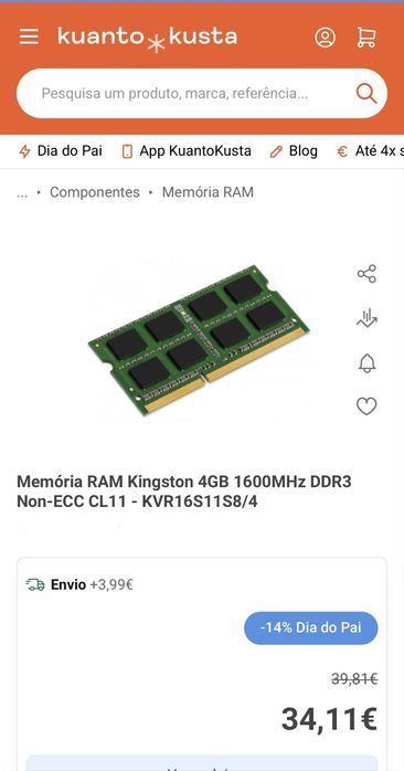 Memória RAM Kingston 4GB 1600MHz DDR3 Non-ECC CL11 - KVR16S11S8/4