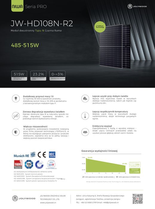 Painel fotovoltaico Jolywood 505W N-Type Bifacial Glass-Glass Mono