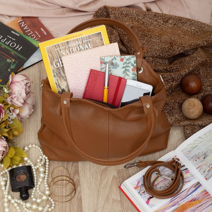 VERA PELLE torebka skórzana shopper z paskiem na ramię V658 camel