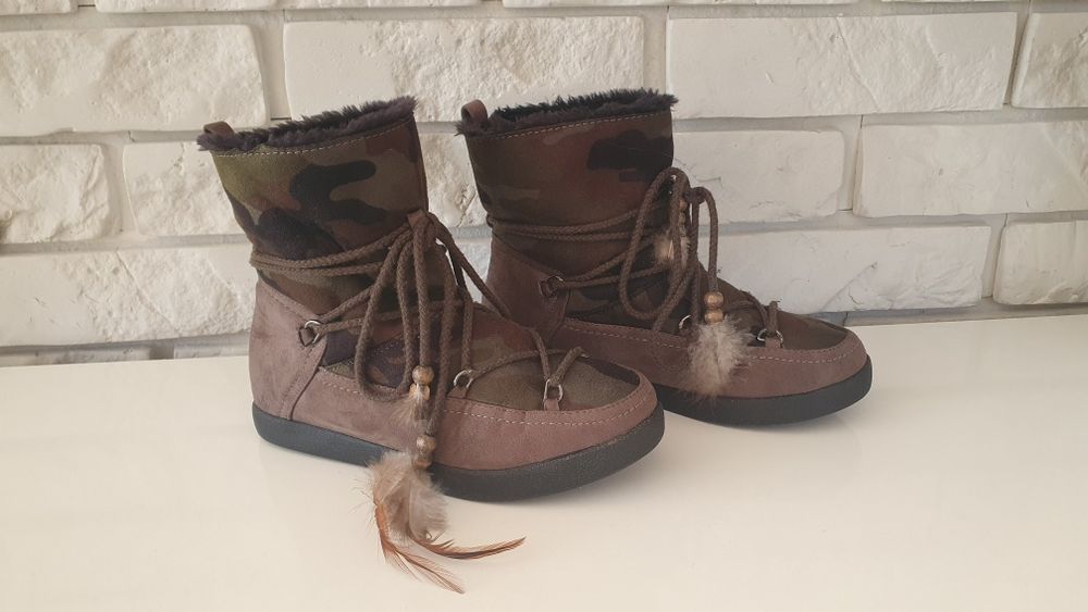 Damskie botki/śniegowce/Eskimoski khaki/moro piórka/koraliki 36